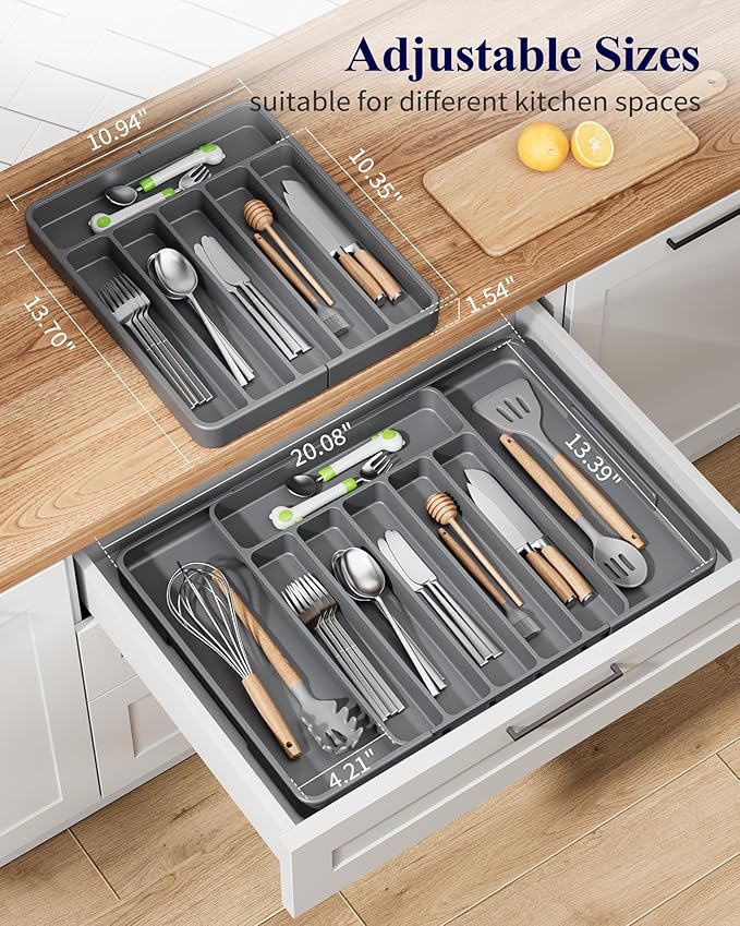 Kitsure Cutlery Drawer Organiser for Kitchen - Adjustable Cutlery Tray for Effortless Utensil Sorting, Versatile Kitchen Storage & Organisation Solution, 13.70" x 1.54" x 10.94"~20.08", Grey
