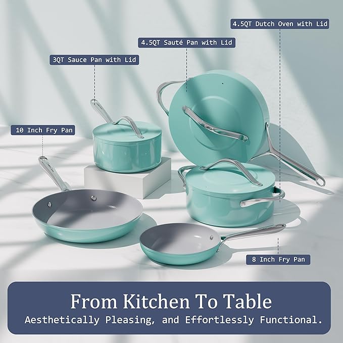 Nonstick Ceramic Sautรฉ Pan with Lid (4.5 qt, 11") Deep Frying Pan for All Cooktops, Non Toxic Skillet PTFE/PFAS Free, Oven Safe up to 500ยฐF w/ Stainless Steel Stay-Cool Handle, Caribbean Blue