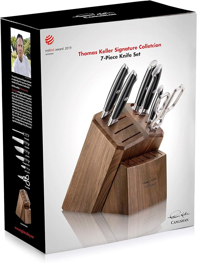 Cangshan Thomas Keller Signature Collection Swedish Powder Steel Forged, 7-Piece Knife Block Set, Walnut Block with 8 Spare Slots, Black