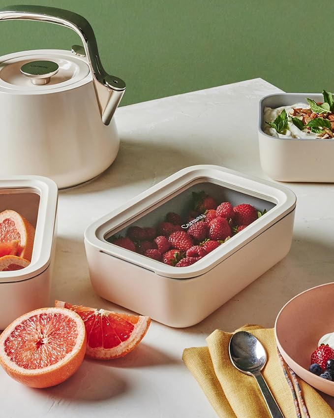 Caraway 2pc Glass Food Storage Set - 6.6 Cup Food Containers (2) - Ceramic Coated - Non Toxic, Non Stick Lunch Box with Lids. Dishwasher, Oven, & Microwave Safe - Cream