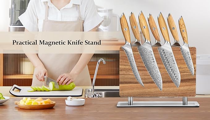 Strong Double Sided Magnetic Knife Block Without Knives, with Acacia Wood+430 Stainless Steel Base,Magnetic Universal Stands with Strong Enhanced Magnets Strip Kitchen Storage Cutlery Large Organizer