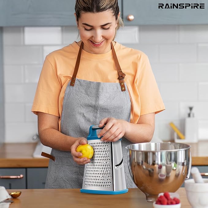 Rainspire Professional Box Grater, Cheese Grater Box for Kitchen Stainless Steel with 4 Sides, Cheese and Spice Graters with Handle for Vegetables, Ginger, Potatoes, Blue