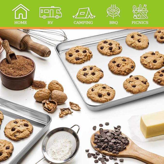 CEKEE Stainless Steel Cookie Sheets for Baking, 2PCS Stainless Steel Baking Sheet, Size 12 x 10 x 0.98 Inch,Heavy Duty & Easy Clean Baking Pans Tray Set