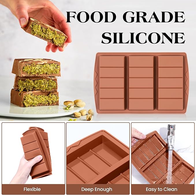 2 Pcs Chocolate Bar Mold Deep Dubai 0.85 Inch Stuffed Chocolate Molds Silicone Large Break Apart Silicone Molds (10 Snap + 5 Snap)