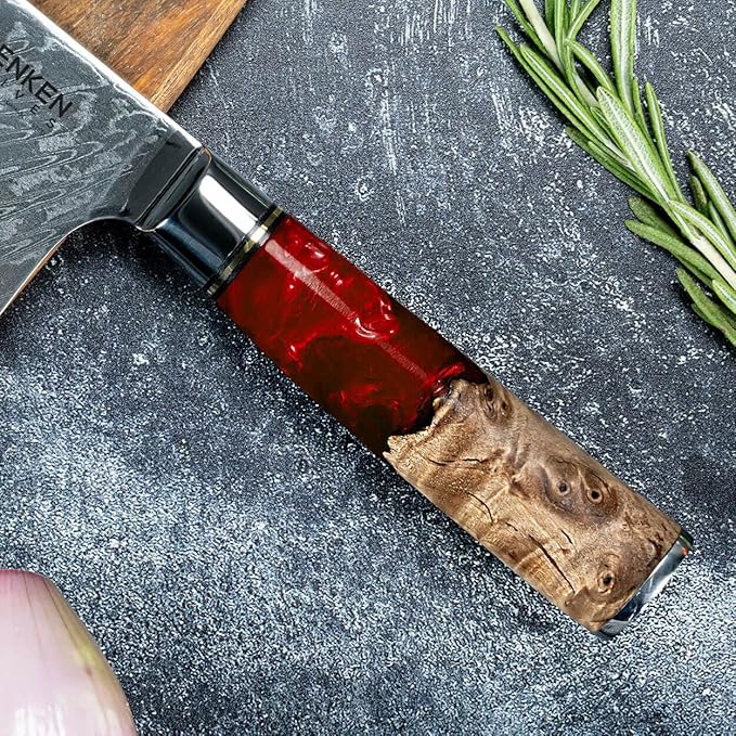 SENKEN 7-Piece Damascus Kitchen Knife Set - Tsunami Collection - 67-Layer Japanese VG10 Steel - Chef's Knife, Cleaver, Santoku, Bread, Boning, & More (Red Resin Blend)