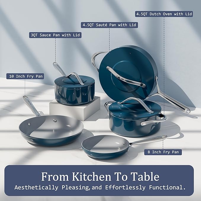 Nonstick Ceramic Frying Pan 8" for All Cooktops, PTFE/PFOA/PFAS Free, Even Heat Distribution Oven Safe up to 500ยฐF, Healthy Non Toxic Skillet w/Ergonomic Stainless Steel Handle, Navy Blue