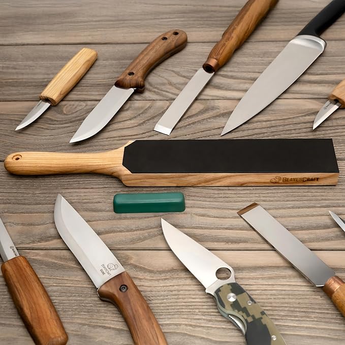 BeaverCraft Leather Strop for Knife Sharpening - Dual-Sided Knife Strop with Stropping Compound Kit - Honing Strop Block 14" for Woodcarving Tools, Chisel Knife Sharpening Kit Leather Sharpener LS6P1