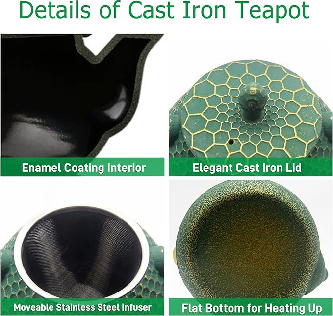 Cast Iron Tea Kettle, Japanese Tetsubin Teapot Coated with Enameled Interior, Durable Cast Iron Teapot with Stainless Steel Infuser for Stovetop Safe(1000ml/34oz)