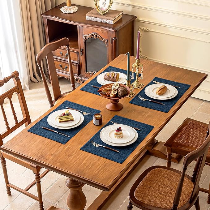 KXN Placemats Set of 6, Dual-Layer Thickened Faux Linen Table Mats, Heat Resistant & Wrinkle-Free, Machine Washable Cloth Place Mats for Kitchen Dining Indoor Outdoor (Navy Blue)