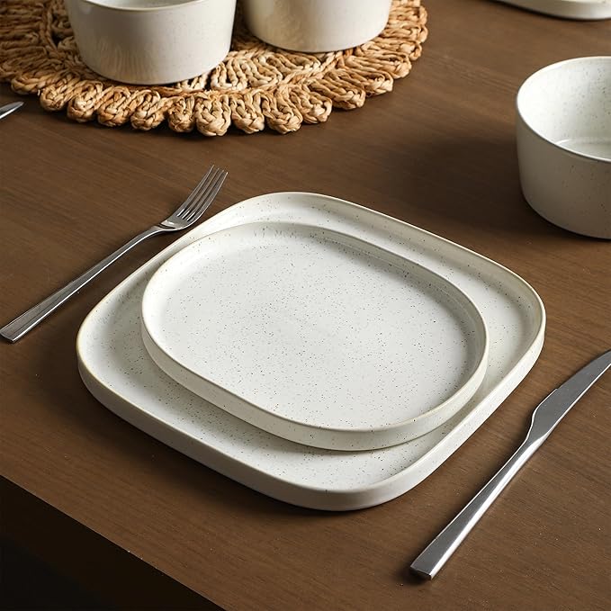Stone Lain Cairo 24-Piece Dinnerware Set Stoneware, Plates and Bowls Set, Microwave and Dishwasher Safe, Includes Dinner and Salad Plates, Cereal Bowls, Dish for 8, White Speckled