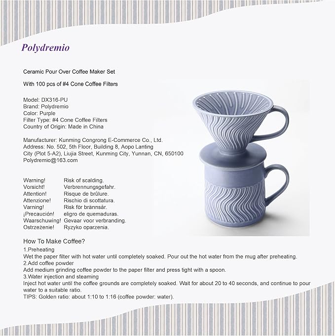 Pour Over Coffee Maker with 100 Sheets of V60 Paper Filter, 15 oz Ceramic Coffee Mug & Ceramic Coffee Dripper, 1 Cup-Single brew coffee set, Purple