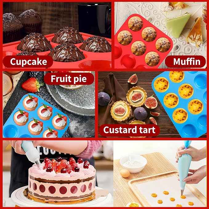 12 Cup Silicone Muffin Pan,Regular Size Cupcake Pan Great for Making Muffin Cakes, Bread, Tart - Piping Bags and Tips Set,Silicone Baking Cups-2 Pack