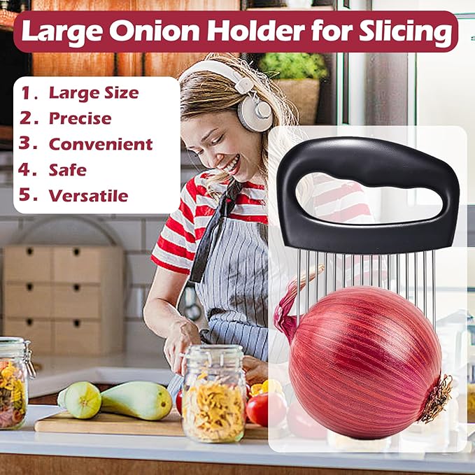 JAYVAR Extra-Large Onion Holder for Slicing, Onion Cutter Vegetable Chopper, Extra-Large Tomato Slicer with 16 Long Needles, Stainless Steel Tomato Potato Slicer, Meat Tenderizer, Food Slicing Guide