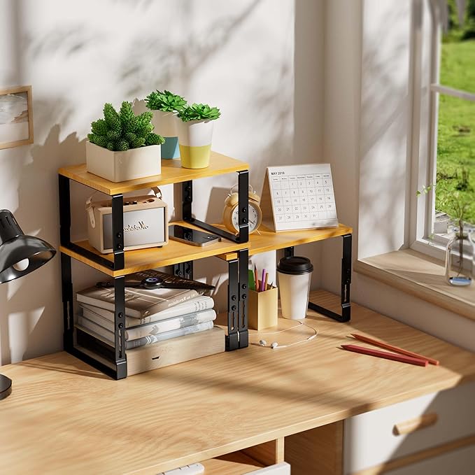Kitchen Cabinet Organization Shelf,Set of 2 Height Adjustable Storage Racks,Stackable,Expandable,Countertop Shelves Organizer,Pantry Shelving