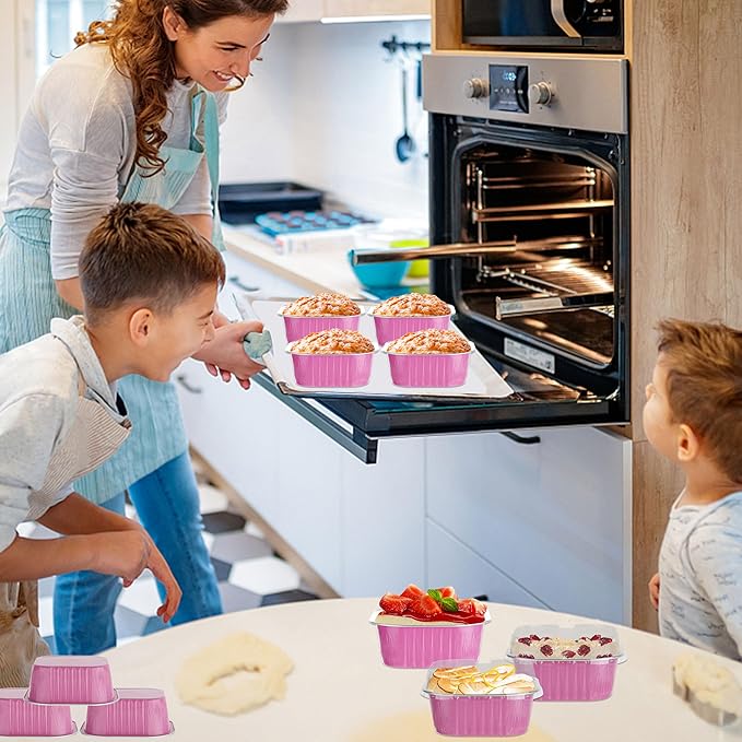Mini Square Cake Pans with Lids,BAKINGPAK 30PCS 10OZ Mini Cake Pans with Lids Individual Cupcake Containers Mini Disposable Cake Pans with Lids Mini Aluminum Pans with Lids for Baking Party, Pink