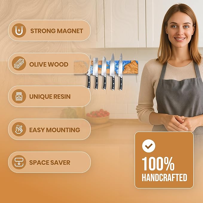 Magnetic Knife Holder for Wall 16 Inch |Premium Wood & Blue Resin| Epoxy Knife Magnetic Strip, Kitchen Knife Block Holder with Strong Magnet, Space-Saving, Handcrafted Style & Easy to Install