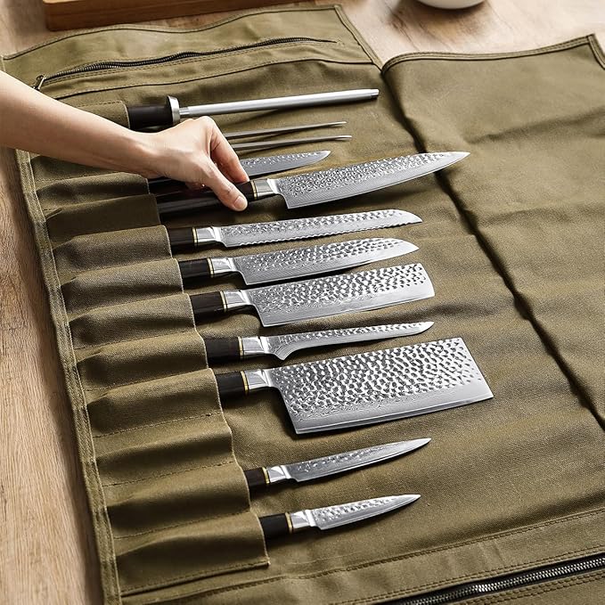 HEZHEN Chef Knife Roll Bag 16oz Oil Waxed Canvas, Heavy Duty Portable Backpack Knife Case Storage, 12 Slots & 2 Zipper Pockets, Detachable Adjustable Leather Shoulder Strap Belt(Not Included Knives)
