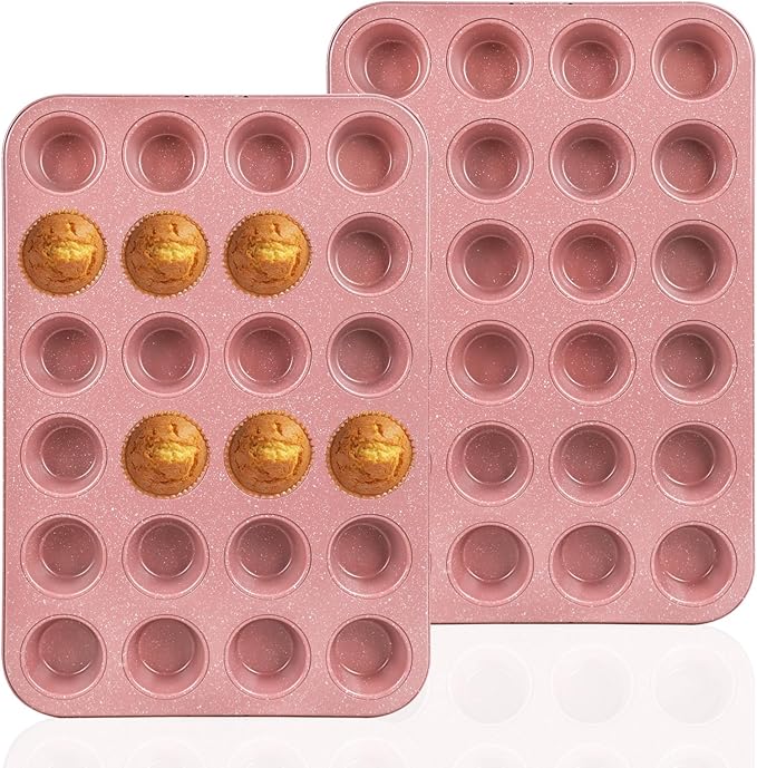 Spmart 2-Pack 24-Cup Nonstick Ceramic-Coated Mini Muffin Pan | Durable & Easy Clean Muffin Tins | Perfect for Small Baked Goods & Party Treats (Pink)