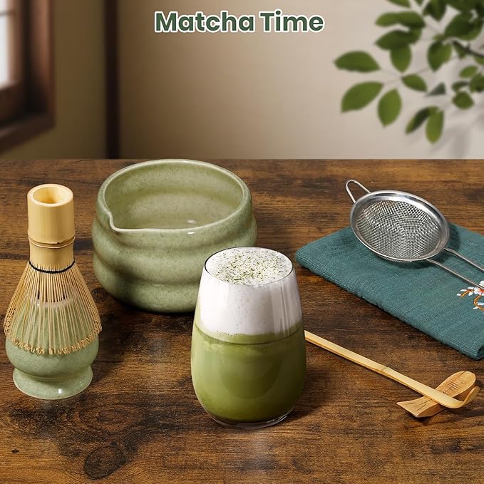 Matcha Whisk Set 7pcs, Japanese Macha Making Kit - 17oz Bowl with Spout, Bamboo Whisk, Chasen Holder, Scoop, Scoop Rest, Stainless Steel Sifter & Towel, Tea Gift Tools for Starter & Enthusiasts, Green