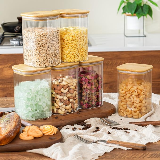 37oz Airtight Glass Square Storage Canisters with Bamboo Lids Set of 6 (1100ml) Striped Stackable Containers, Kitchen Jars for Pantry Noodles, Flour and Coffee beans (with Black Lable)