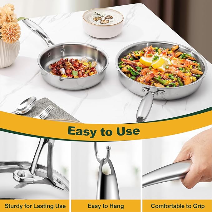 P&P CHEF 8 & 10 Inch Stainless Steel Frying Pan, 3-Ply Stainless Steel Pan Skillet, Induction Stir-fry Pan, Oven & All Stoves Safe, Heavy Duty & Even Heat, Dishwasher Safe, Silver, (2 Pieces)