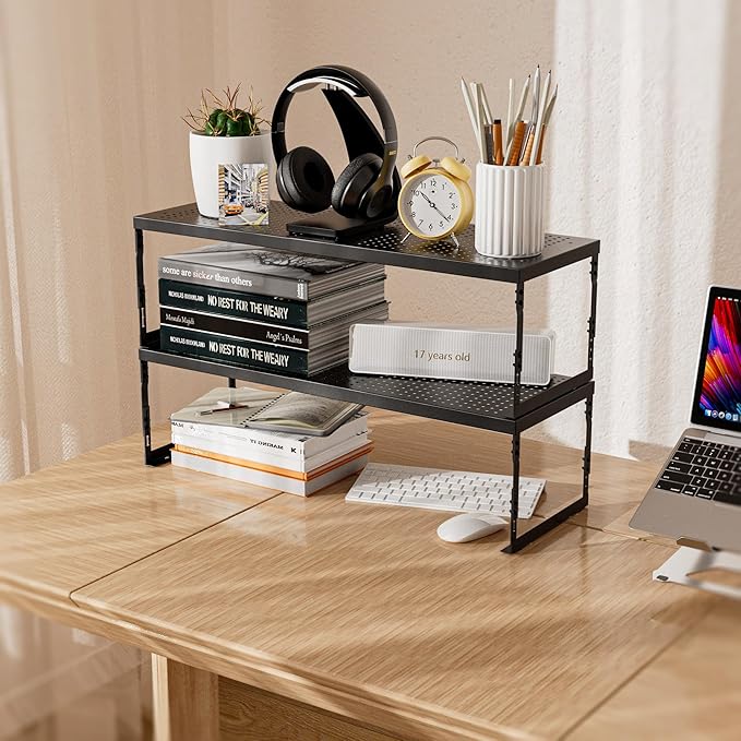 Stackable Expandable Metal Shelf Organizer - Adjustable Wire Storage Rack with Holes for Kitchen, Bathroom, Cabinet, Office - Space Saving, Durable & Sturdy Design(3PACKS/Large/Black