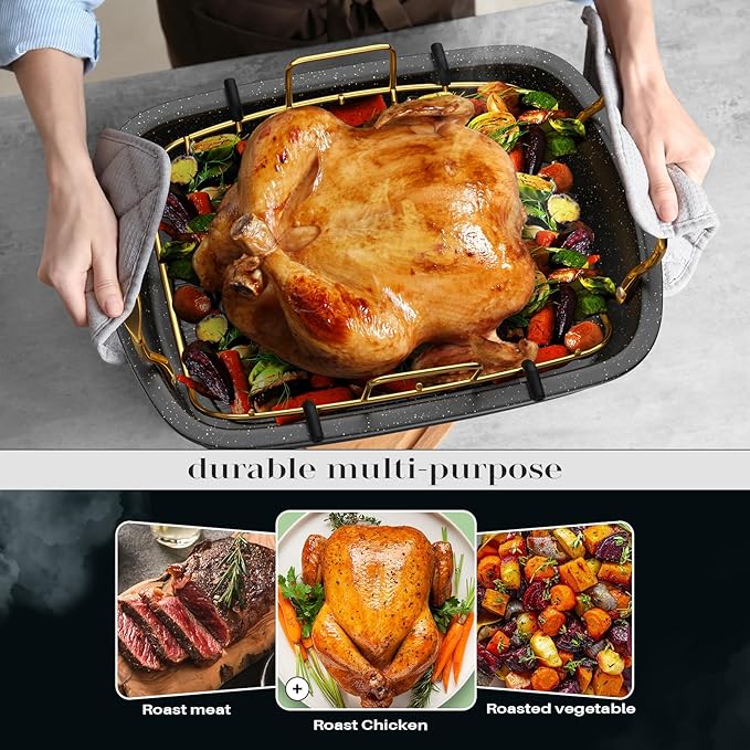Nonstick Roasting Pan with Rack, 17" x 13" Large Turkey Roaster Pan, Oven Roasting Pan, Roaster Pan for Turkey, Chicken, Vegetable, Gold & Black