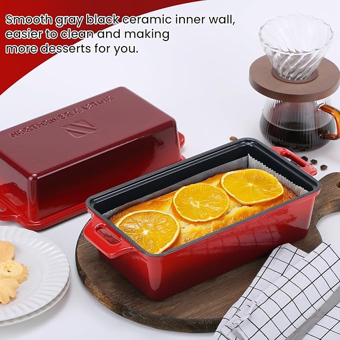 9x5 Inch Enameled Cast Iron Bread Loaf Pan with Lid, Perfect Sourdough Baking Pans | Even Heat Distribution for Homemade Bread, Cake, Meatloaf,2 Piece set,Red