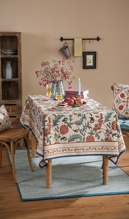 patdrea Designer Vintage Linen Long Tablecloth for Rectangle Table,French Soft Durable Floral Tablecloths,Colorful Table Cover for Kitchen Dining,Parties,Christmas,Thanksgiving,Party,63"x94"-Puno