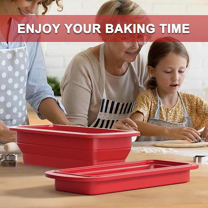 Silicone Bread Loaf Pan With Foldable Function and Metal Reinforced Frame,Rectangular Non-Stick Baking Mold Pans for Oven, Bread, Cake, Easy Release(9"x4"x2.5", Red, 1 Piece)