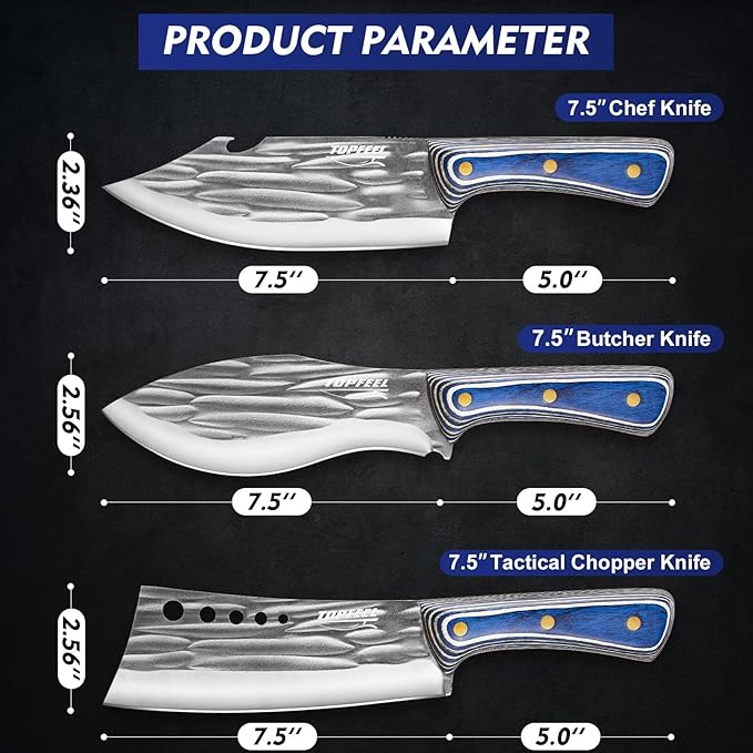 3PCS Butcher Knife Set for Meat Cutting, Hand Forged Professional Chef Knife Set Meat Cleaver Boning Knife for Home, Outdoor Cooking, Camping BBQ Gift Idea Men