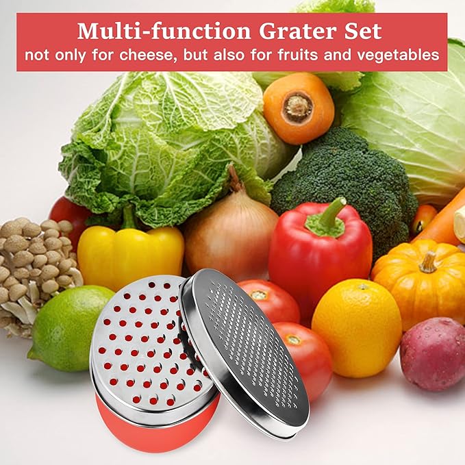 Cheese Grater Akamino Grater Lemon with Food Storage Container & Lid Grinder Grater for kitchen - Perfect For Hard Parmesan,Ginger, Vegetables, Butter (Red)