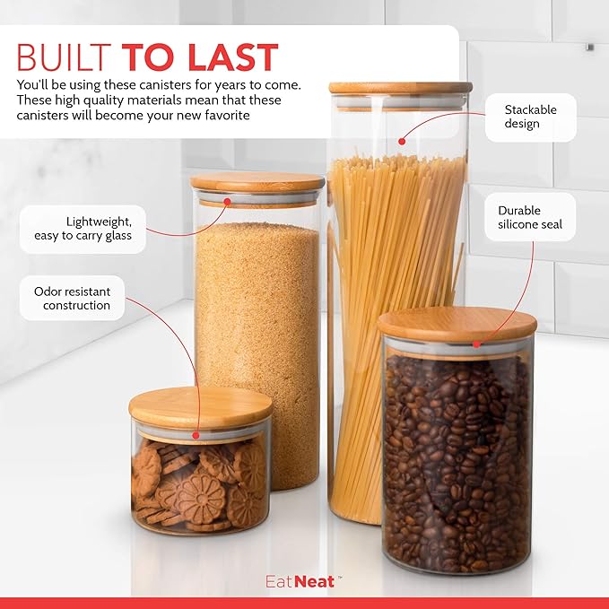 EatNeat 4‑Piece Glass Canister Set with Airtight Bamboo Lids – Giftable Kitchen Storage – Tall Jar Fits Spaghetti – 74/56/36/20 oz for Pantry, Dry Goods, Coffee, Snacks & More