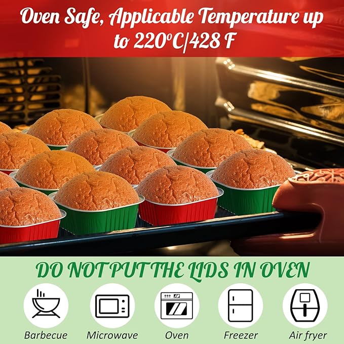 Aoriher 150 Pieces 10 oz Mini Cake Pans with Lids Aluminum Foil Baking Cups Square Disposable 4 x 4 Large Cupcake Cups Baking Tins for Kitchen Brownie Pudding Desserts Holder(Red,Christmas Green)