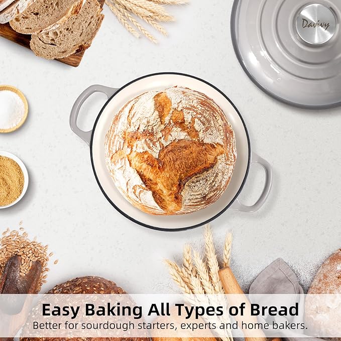 Davivy 5.5QT Cast Iron Dutch Oven with Silicone Baking Mat, 10" Round Bread Dutch Oven, Sourdough Bread Baking Pan, Enameled Cast Iron Bread Oven - Light Grey