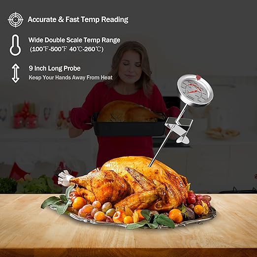 Candy Thermometer and Deep Fry Thermometer with 2 Inch Large Dial, 9 Inch Stainless Steel Probe â Temperature Guide for Candy Making, Frying, Confectionery, Dessert, Chocolate, Jam, and BBQ