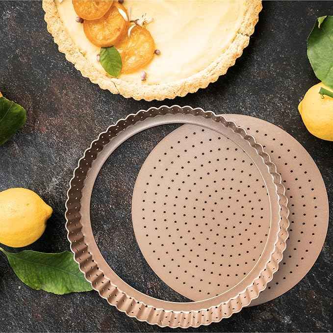 HAPPIELS Nonstick 9 Inch Tart Pan with Removable Bottom | PFOA & BPA Free Non Toxic Fluted Pie & Quiche Tin | Best Perforated Non Stick Nontoxic 9in Molds with Holes for Baking