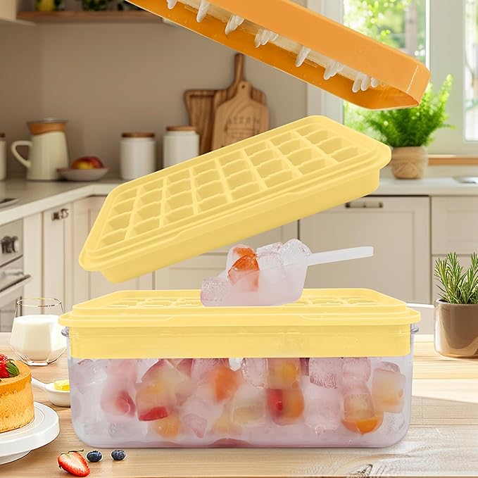 Satax Silicone & Plastic Ice Cube Trays with Lids and Bin - Durable, BPA-Free, Easy Release, Perfect for Cocktails, Coffee & More (2, yellow)