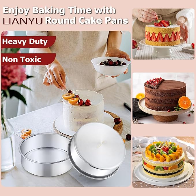 LIANYU 8 Inch Round Cake Pan for Baking, Circle Layer Cake Tin with 30 PCS Parchment Paper, Stainless Steel Bakeware for Birthday Wedding Party, Leak-proof & Mirror Finish, Dishwasher Safe