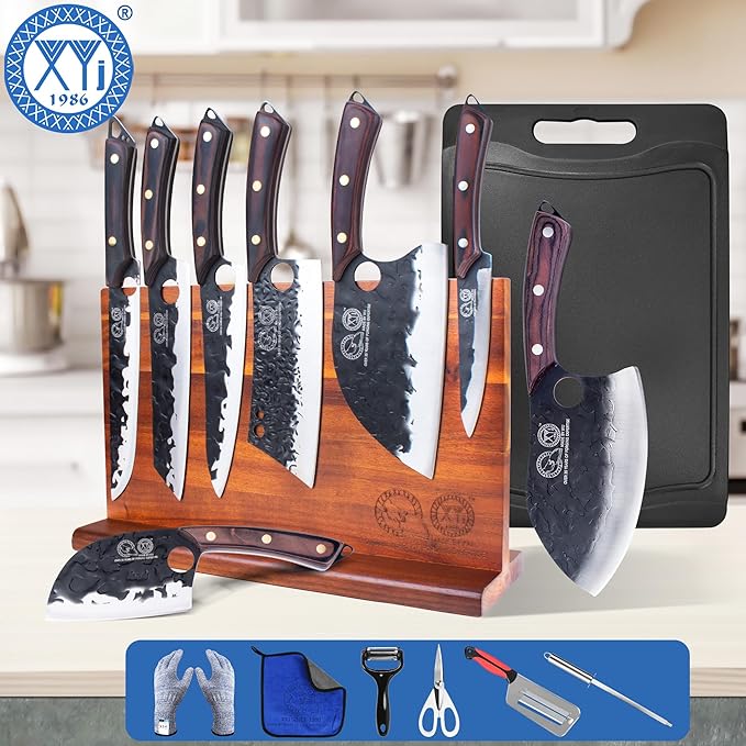 XYJ Knife Block Set, Knives Set with Holder, Cutting Board, Scissors, Gloves, Sharpening Stick, Washing Cloth, High-Carbon Steel Blades, Chef's Knives, Cleaver, Carving Knife, Nakiri, Full Tang Design