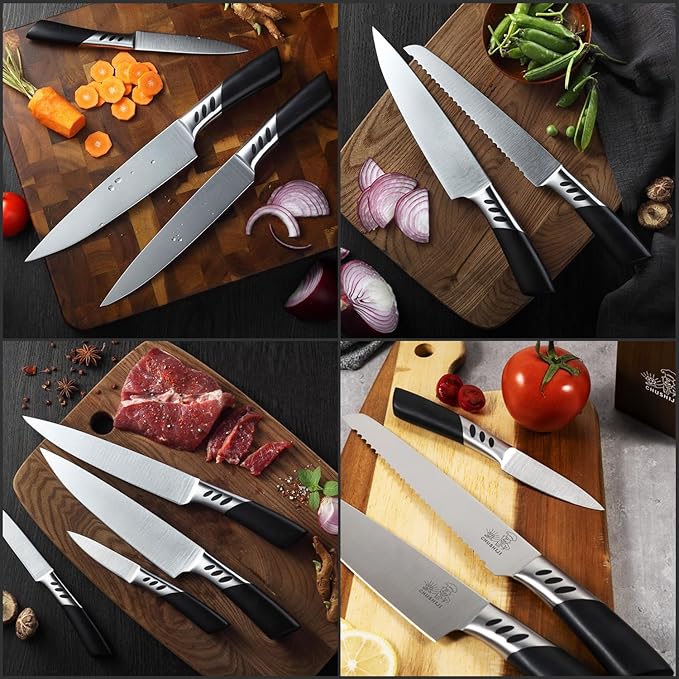 Knife Block Set, 7 Piece Cooking Knife Set, Premium Kitchen Knife Set with Knife Block and Sharpener, Hardwood Brown Knife Set,New Apartment Gift