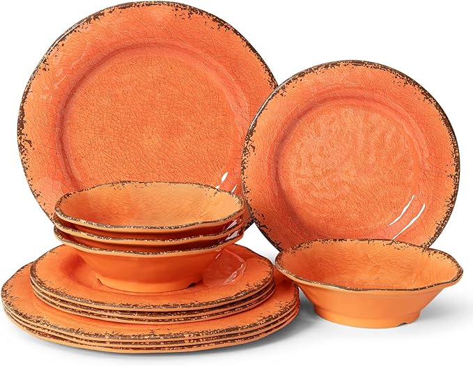 LEHAHA Melamine Salad/Dessert Plates, Crackled Design Plates Set of 6, 9 inch Small Dinner Plates, Modern Rustic Kitchen Serving Dishes for Party, Picnic and Camping Use, Orange