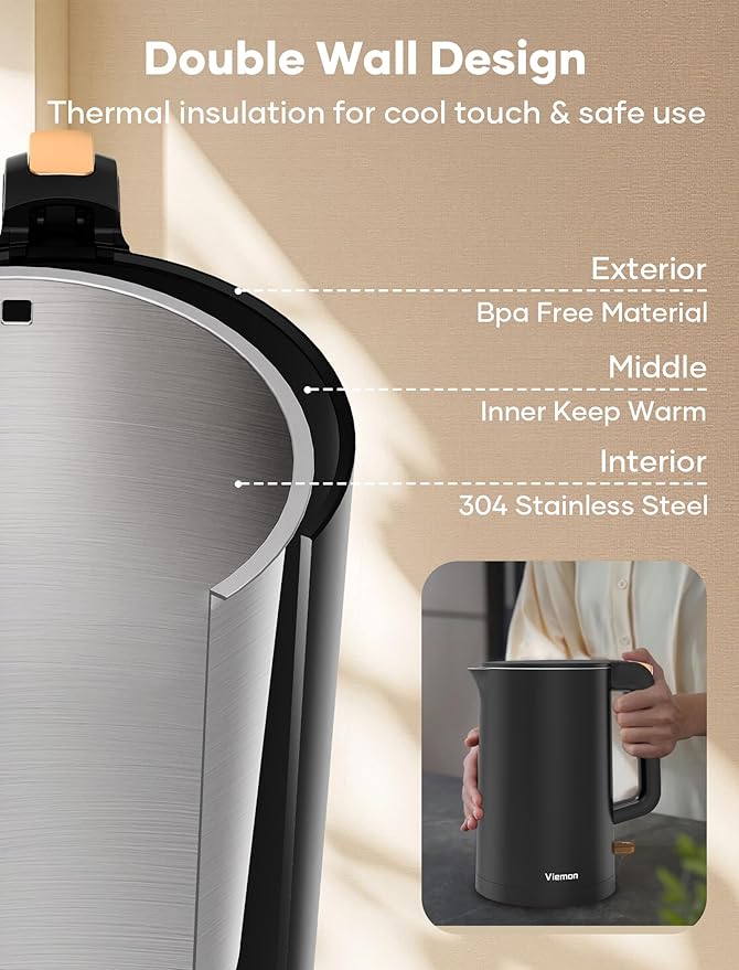 Electric Kettle, 1.7L Double Wall Stainless Steel Cool Touch, Water Boiler & Heater, 1500W Hot Tea Pot, Auto Shut-Off & Boil Dry Protection, BPA-Free, Cordless Base & LED Indicator, Black