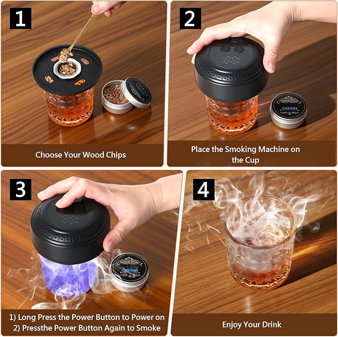 Electric Whiskey Smoker Kit, Rechargeable Cocktail Smoker Kit with 6 Wood Chips, Built-in Lighter, No Butane Needed, Old Fashioned Smoker kit,Gifts for Men, Dad, Husband (Black)