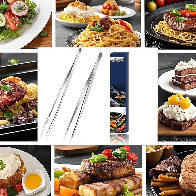 Kitchen Tweezers Tongs, Cooking Tweezers Stainless Steel - 12-inch Ideal for Grilling Meat, BBQ, Pasta, Plating, and Pinching Delicate Small Pieces of Food, Set of 2