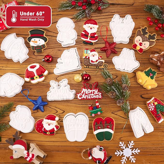 Flycalf Christmas Cookie Cutters Santa Gift with Plunger Stamps Holiday PLA Baking Accessories Cutter Molds Gifts Decorative Party 3.5" Kitchen Cake Supplies
