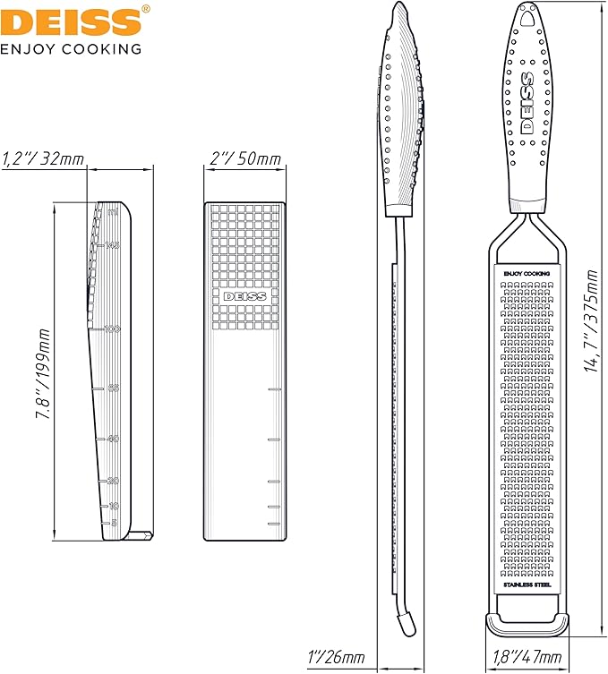 Deiss LUX Fine Grater & Lemon Zester, Parmesan Cheese Grater Handheld - Spices, Citrus Fruits, Hard Cheeses, Garlic, Chocolate, Nuts, Ginger, Vegetable Shredder