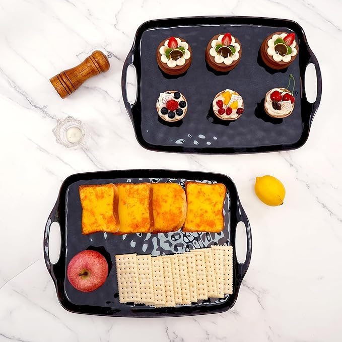 TP Serving Trays with Handles, 19 Inch Large Rectangular Melamine Serving Platter Set of 2, Retro Black