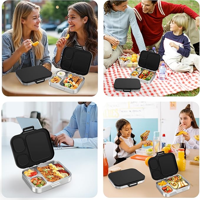 Stainless Steel Bento Lunch Box for Kids | 3-Compartment Lunch Box Container Kids | 100% Leakproof, Eco-Friendly, Perfect Portion Control for Kids&Adult Healthy Meals (Black)
