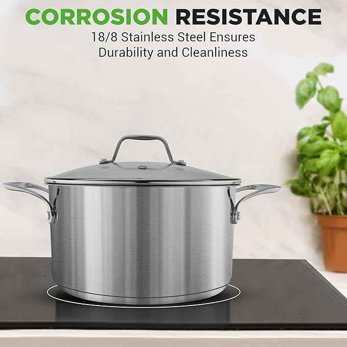 NutriChef 6-Quart Stainless Steel Stockpot – 18/8 Food Grade Heavy-Duty Induction-Compatible Pot with See-Through Lid, Ideal for Stews, Broths, Simmering & Soups, Dishwasher Safe – NCSP6